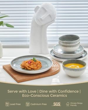 Pokini Gradient Green Stoneware Dinnerware Sets, Handmade Ceramic Round Dishes Set